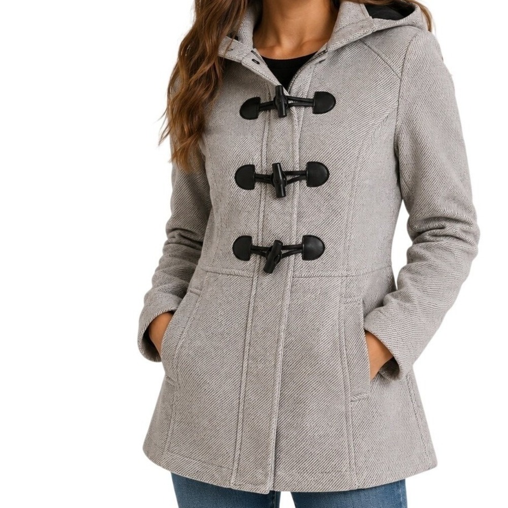 Sebby Grey Twill Hooded Toggle Duffle Coat Jacket Women's Medium NWT